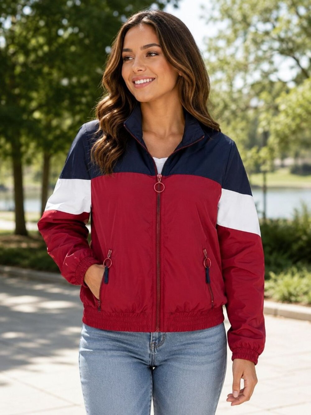 Rue21 Womens Colorblock Windbreaker Jacket Full Zip Pockets Medium Polyester Red
